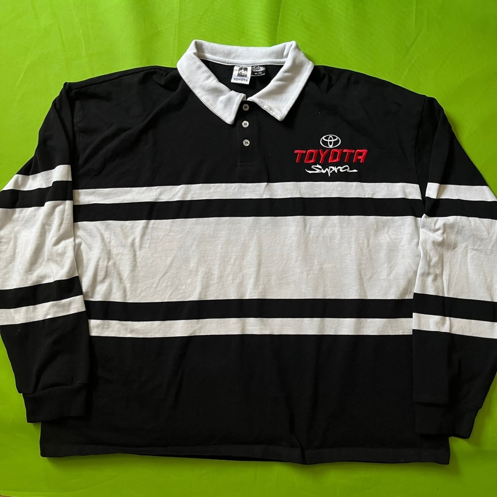 Toyota Supra Long Sleeve Polo Shirt Mens XL Black White Striped Rugby Logo